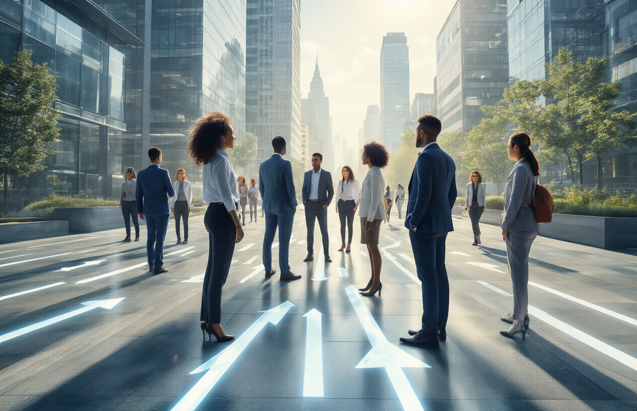 Create a realistic image of a diverse group of young professionals in modern business attire standing confidently at the intersection of multiple career pathways represented by sleek digital arrows pointing in different directions on a polished floor, with futuristic office buildings and tech companies visible in the background, bright natural lighting creating an optimistic and forward-looking atmosphere, showing people of different races and genders looking ahead with determination and excitement about their future possibilities, absolutely NO text should be in the scene.