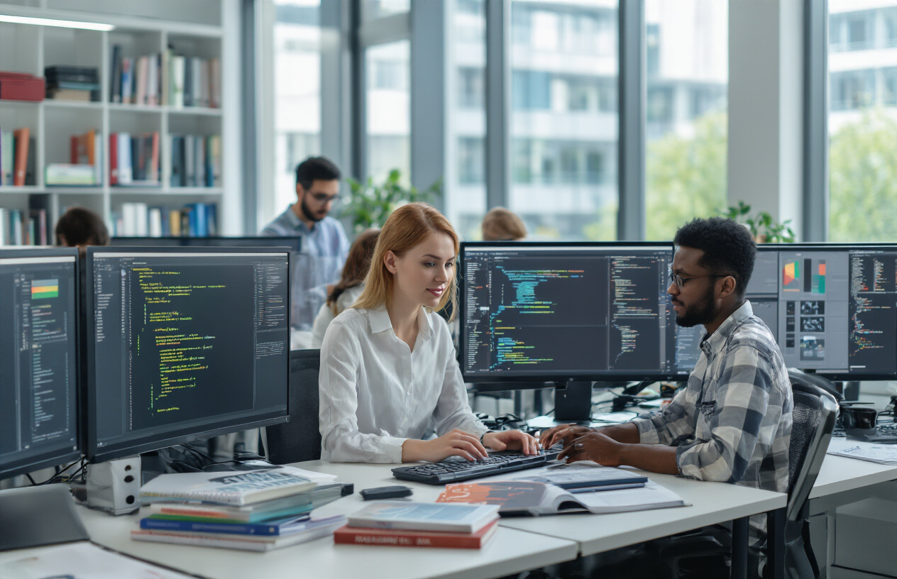 Create a realistic image of a diverse group of professionals studying AI prerequisites at a modern workspace, featuring a white female data scientist and a black male programmer working together at a desk with multiple monitors displaying mathematical formulas, programming code snippets, and statistical charts, surrounded by essential learning materials including mathematics textbooks, programming language guides, and statistical analysis books, with a clean modern office environment in the background, bright natural lighting from large windows, focused and collaborative atmosphere, showing the foundational knowledge building process, Absolutely NO text should be in the scene.