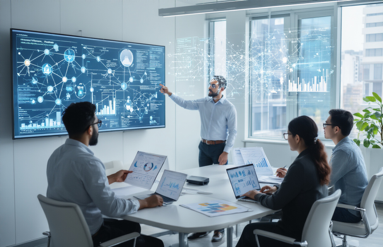 Create a realistic image of a diverse group of professionals studying machine learning fundamentals around a modern conference table, with a white male data scientist pointing at a large wall-mounted digital display showing interconnected nodes, algorithms, and data flow diagrams, while a black female engineer takes notes on a laptop and an Asian male developer examines printed charts with mathematical formulas, surrounded by floating holographic visualizations of neural networks, decision trees, and statistical graphs in a bright, contemporary office space with natural lighting from large windows, creating an atmosphere of collaborative learning and technological innovation, absolutely NO text should be in the scene.
