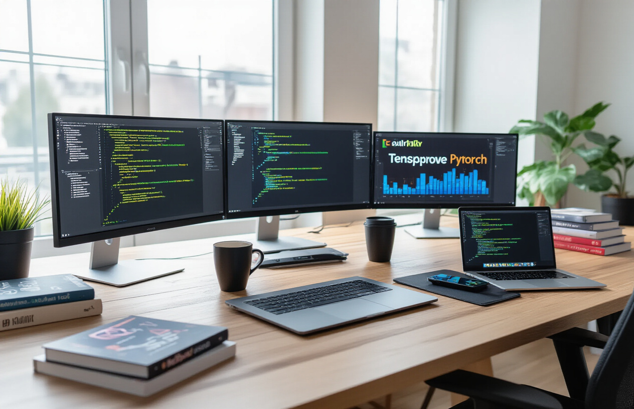 Create a realistic image of a modern workspace with multiple computer monitors displaying code editors, machine learning frameworks like TensorFlow and PyTorch logos visible on screens, programming interfaces with Python code, data visualization charts and neural network diagrams, a sleek laptop, programming books, coffee cup, and tech accessories scattered on a clean wooden desk, soft natural lighting from a window, professional and focused atmosphere, absolutely NO text should be in the scene.
