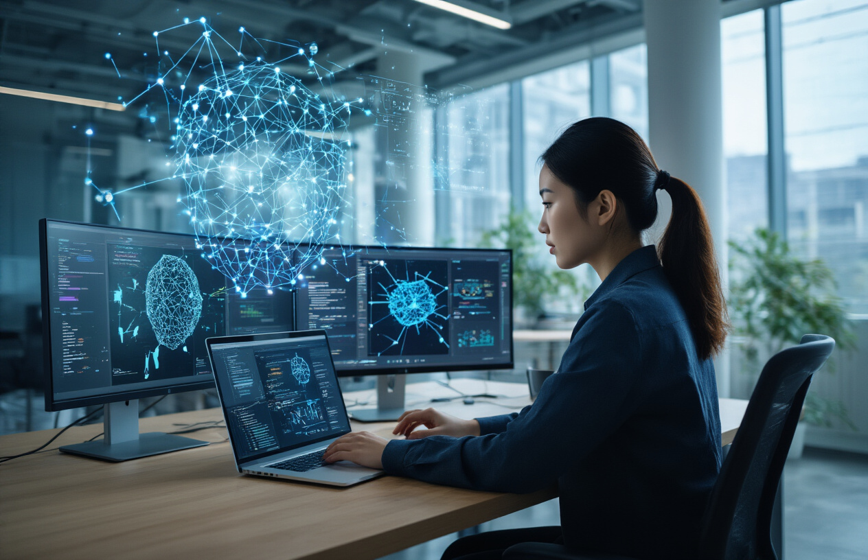 Create a realistic image of a professional Asian female data scientist working on a laptop with multiple screens displaying neural network diagrams and deep learning visualizations, surrounded by modern tech office environment with glass walls and contemporary furniture, bright natural lighting from large windows, focused and determined expression, with floating holographic representations of interconnected nodes and AI pathways in the background, sleek and futuristic atmosphere suggesting career advancement and technological innovation, Absolutely NO text should be in the scene.