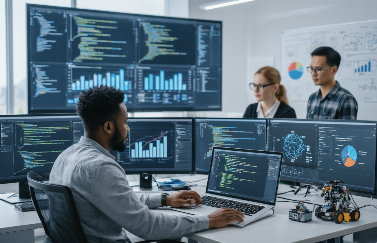 Create a realistic image of a diverse group of professionals working collaboratively on AI/ML projects in a modern workspace, featuring a black male developer coding on a laptop with machine learning algorithms visible on the screen, a white female data scientist analyzing charts and graphs on a large monitor, and an Asian male engineer working with robotic components and circuit boards, surrounded by multiple computer screens displaying data visualizations, neural network diagrams, and project dashboards, with a clean, well-lit office environment featuring glass whiteboards with sketched flowcharts, modern furniture, and subtle tech company atmosphere, capturing an atmosphere of innovation and hands-on learning, absolutely NO text should be in the scene.