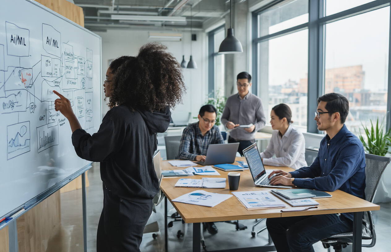 Create a realistic image of a diverse group of professionals in a modern office setting, including a black female data scientist pointing at a whiteboard with AI/ML diagrams, an Asian male software engineer working on a laptop with code visible on screen, and a white male mentor discussing with colleagues around a conference table covered with career planning documents, notebooks, and laptops, with natural lighting from large windows, a collaborative atmosphere, and modern tech office interior with glass walls and contemporary furniture, absolutely NO text should be in the scene.