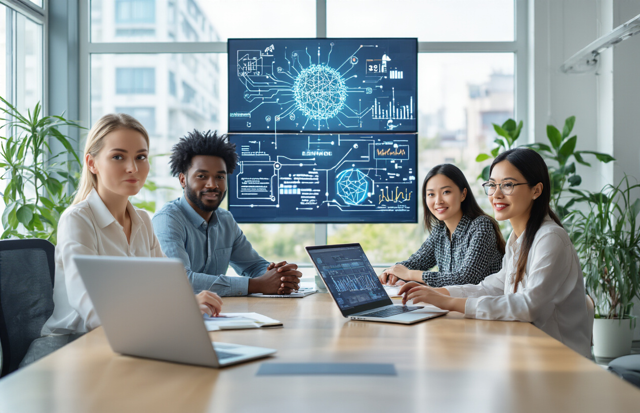 Create a realistic image of a diverse group including a white female, black male, and Asian female sitting around a modern conference table with laptops open, looking confident and accomplished, with AI/ML related visual elements like neural network diagrams, data visualizations, and circuit patterns subtly displayed on wall-mounted screens in the background, bright natural lighting streaming through large windows, modern tech office environment with plants and clean aesthetic, conveying success and completion of learning journey, absolutely NO text should be in the scene.