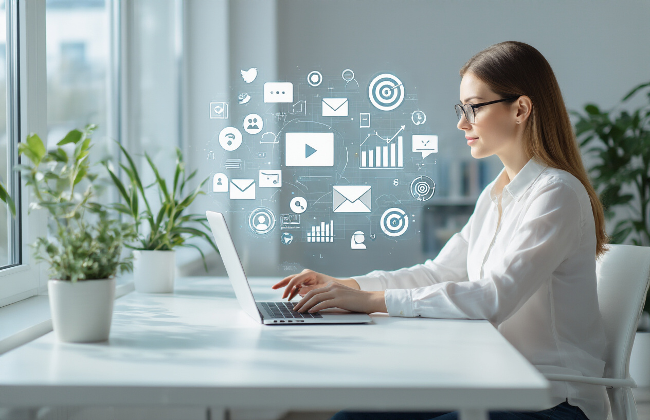 Create a realistic image of a modern office workspace with a white female professional in her 30s sitting at a clean desk with a laptop computer, digital marketing icons and symbols floating holographically above the screen including social media logos, charts, graphs, email symbols, and target icons, bright natural lighting from large windows, minimalist contemporary office background with plants, the scene conveying learning and digital strategy fundamentals, professional atmosphere with soft blue and white color scheme, absolutely NO text should be in the scene.