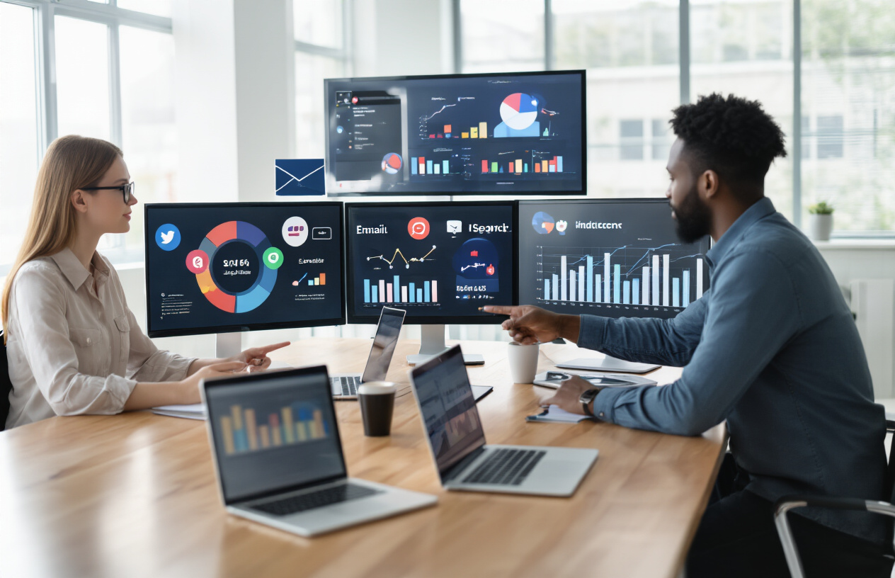 Create a realistic image of a modern workspace showing multiple digital screens displaying various marketing channel icons including social media platforms, email marketing, search engines, and mobile apps, with a diverse group of young professionals (white female, black male, Asian female) collaborating around a sleek conference table, laptops open, pointing at colorful analytics dashboards and charts, in a bright contemporary office with large windows, natural lighting, and a clean minimalist aesthetic, conveying focus and strategic planning, absolutely NO text should be in the scene.