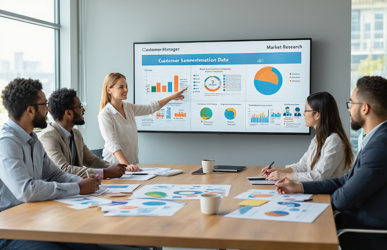 Create a realistic image of a diverse group of businesspeople sitting around a modern conference table with colorful demographic charts, customer persona documents, and market research papers spread across the surface, featuring a white female marketing manager pointing to a large wall-mounted display showing customer segmentation data with pie charts and demographic icons, in a bright contemporary office setting with natural lighting from large windows, while other team members including a black male and an Asian female are actively discussing and taking notes, creating a collaborative and focused atmosphere for audience analysis work, absolutely NO text should be in the scene.