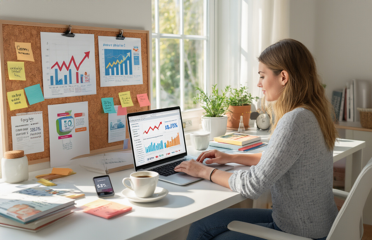 Create a realistic image of a modern workspace with a white female content creator at a sleek desk working on a laptop, surrounded by conversion-focused elements including colorful charts showing upward trends, a smartphone displaying social media engagement metrics, sticky notes with content ideas on a cork board, a cup of coffee, and marketing books, all set in a bright, well-lit home office with natural lighting from a window, conveying productivity and success in digital content creation, absolutely NO text should be in the scene.