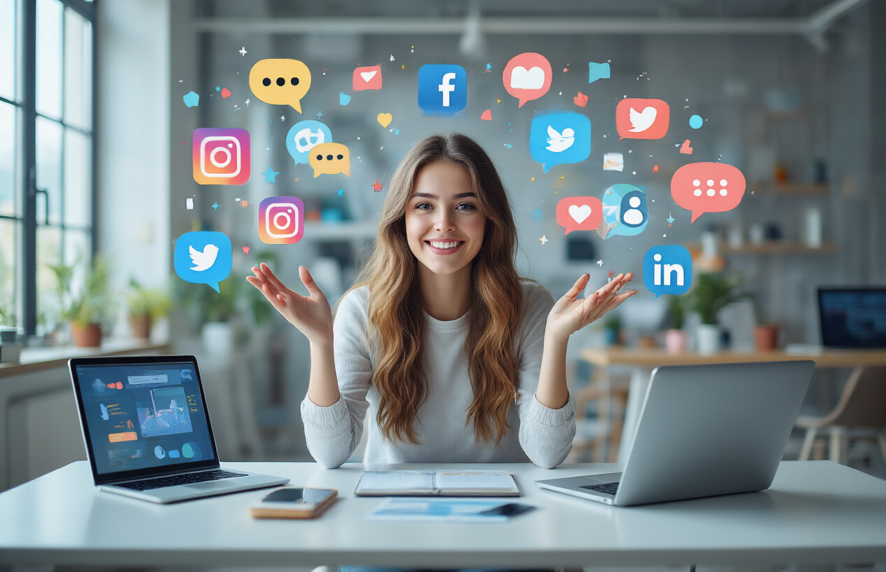 Create a realistic image of a young white female digital marketer sitting at a modern desk with multiple devices - smartphone, tablet, and laptop - displaying various social media platform interfaces like Instagram, Facebook, Twitter, and LinkedIn icons on screens, surrounded by colorful social media engagement graphics floating in the air including likes, shares, and comment bubbles, in a bright contemporary office setting with natural lighting from large windows, conveying an energetic and productive atmosphere of effective social media management, absolutely NO text should be in the scene.