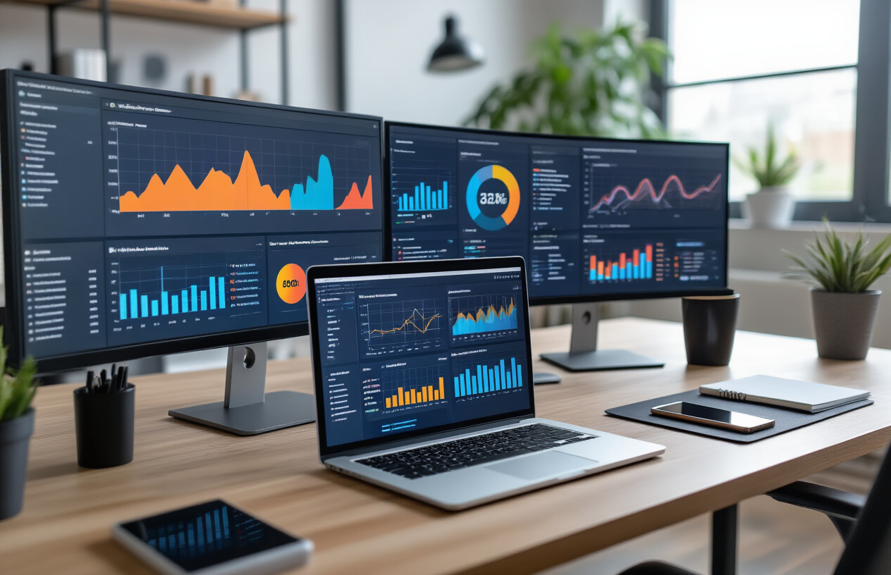 Create a realistic image of a modern office workspace with multiple computer monitors displaying colorful digital marketing analytics dashboards, charts, graphs, and data visualizations showing website traffic, conversion rates, and social media metrics, with a clean desk setup featuring a laptop, smartphone, and notepad, set against a bright contemporary office background with natural lighting from a window, creating a professional and focused atmosphere for digital marketing analysis. Absolutely NO text should be in the scene.