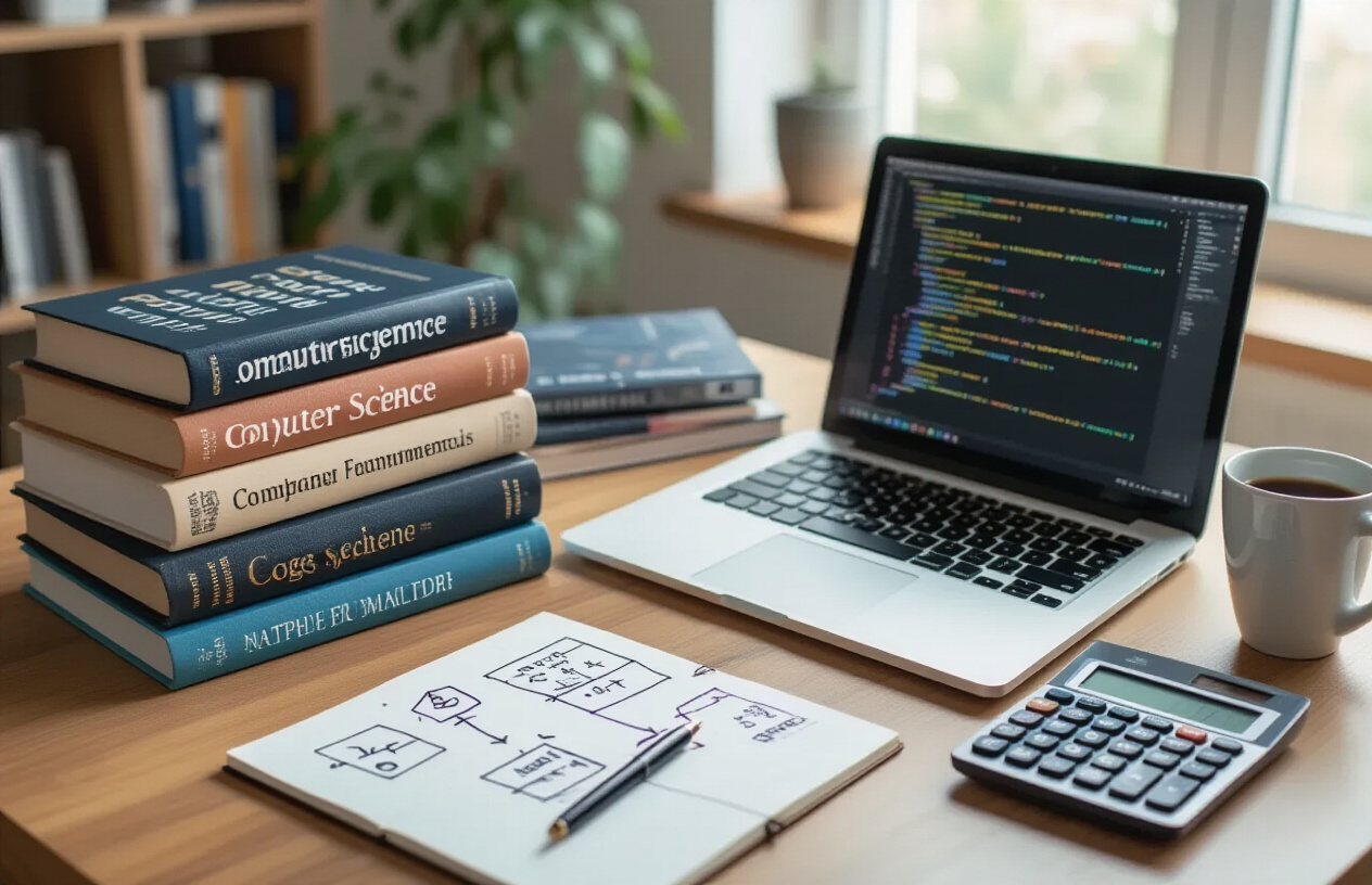 Create a realistic image of a modern study setup with programming books about computer science fundamentals, mathematics textbooks, and coding reference materials stacked on a clean wooden desk, alongside a laptop displaying code syntax, with a notepad showing hand-drawn diagrams of basic programming concepts, surrounded by a calculator, pen, and coffee cup, set in a well-lit home office environment with soft natural lighting from a window, creating a focused learning atmosphere. Absolutely NO text should be in the scene.