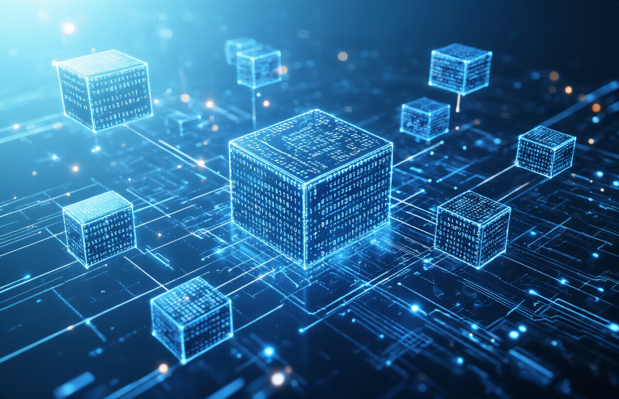 Create a realistic image of interconnected digital blocks floating in a futuristic technological space, with glowing blockchain network connections, cryptographic hash symbols, and distributed ledger visualizations surrounding the blocks, set against a dark blue gradient background with subtle circuit patterns, illuminated by soft blue and white lighting that emphasizes the technological concept of decentralized systems, absolutely NO text should be in the scene.
