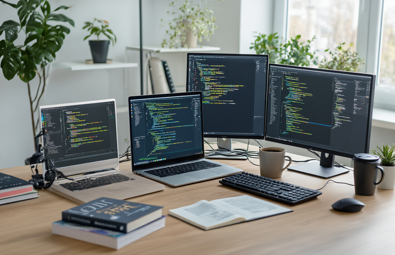 Create a realistic image of a modern desk setup with multiple computer monitors displaying code editors, blockchain development frameworks, and programming interfaces, featuring laptops with open IDEs, development tools like Git, Node.js, and Solidity compilers visible on screens, scattered programming books about blockchain, a mechanical keyboard, wireless mouse, coffee cup, and cables organized neatly, set in a clean tech workspace with soft natural lighting from a window, minimalist background with a few potted plants, professional and focused atmosphere, absolutely NO text should be in the scene.