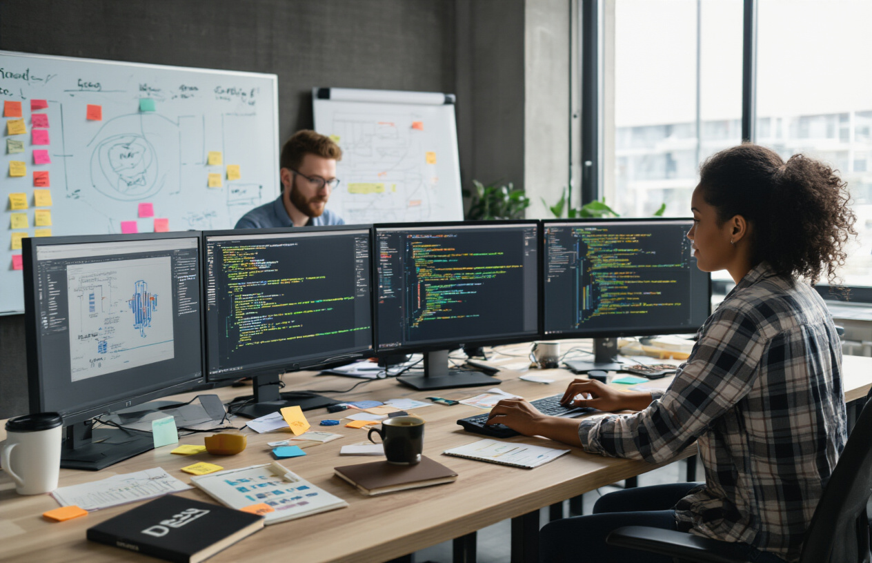 Create a realistic image of a diverse group of developers working collaboratively on blockchain projects, featuring a white male and a black female sitting at a modern desk with multiple computer monitors displaying code, blockchain diagrams, and project management tools, surrounded by sticky notes with development phases, a whiteboard showing project timelines in the background, modern office environment with natural lighting from large windows, focused and productive atmosphere with coffee cups and notebooks scattered on the desk, absolutely NO text should be in the scene.