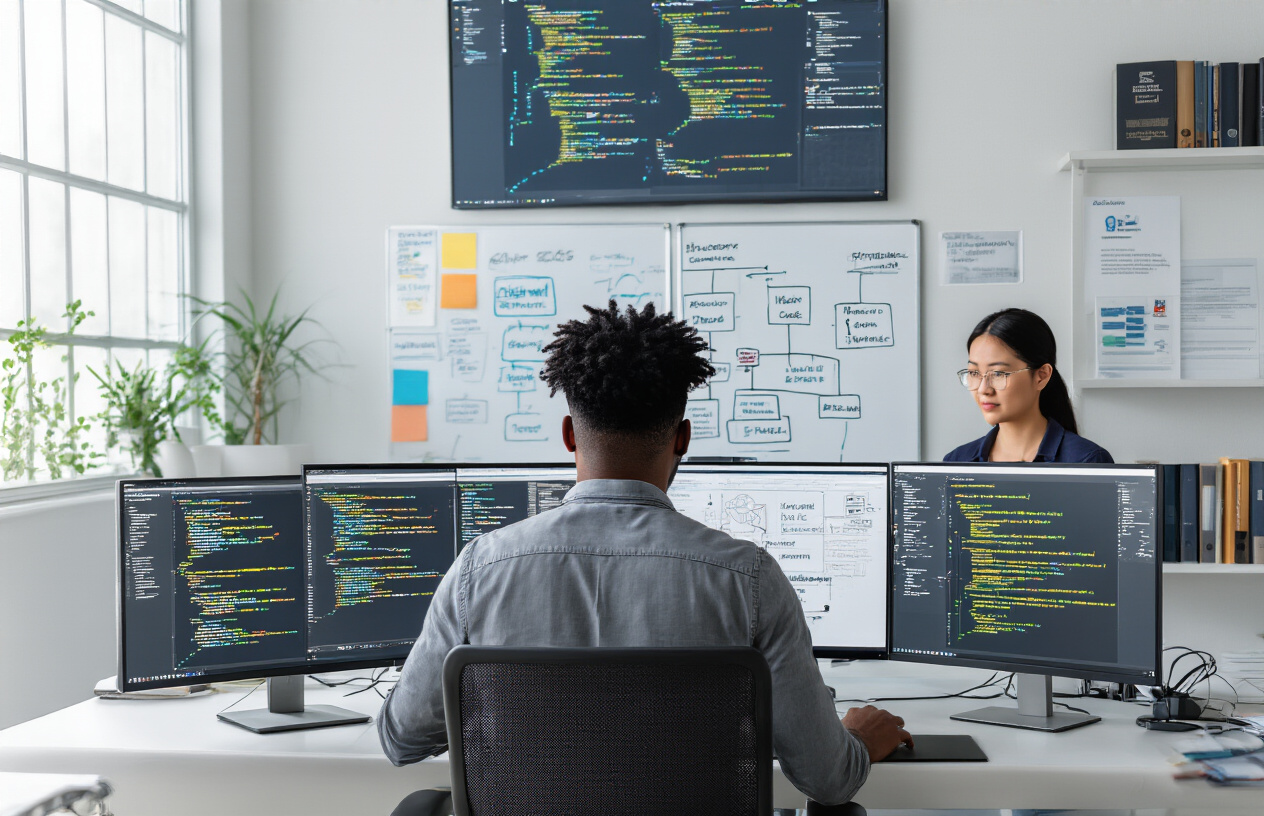 Create a realistic image of a diverse group of professionals in a modern tech workspace, featuring a black male developer in the foreground working on multiple monitors displaying complex code and blockchain diagrams, with an Asian female colleague reviewing advanced programming documentation, surrounded by whiteboards covered in technical flowcharts and system architecture diagrams, high-tech computers with glowing screens, books on advanced programming topics, and certification awards on the walls, set in a bright, contemporary office environment with natural lighting streaming through large windows, conveying an atmosphere of professional growth and technical expertise, absolutely NO text should be in the scene.