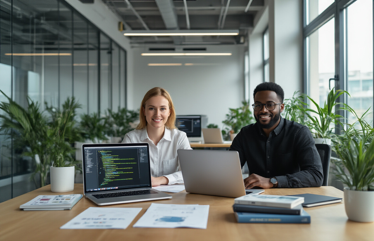 Create a realistic image of a professional diverse group including a white female and black male developer sitting at a modern office desk with laptops displaying code interfaces, surrounded by career preparation materials like resume documents, certificates, and blockchain-related books, with a contemporary tech office environment featuring glass walls, plants, and soft natural lighting creating an aspirational and focused atmosphere, Absolutely NO text should be in the scene.