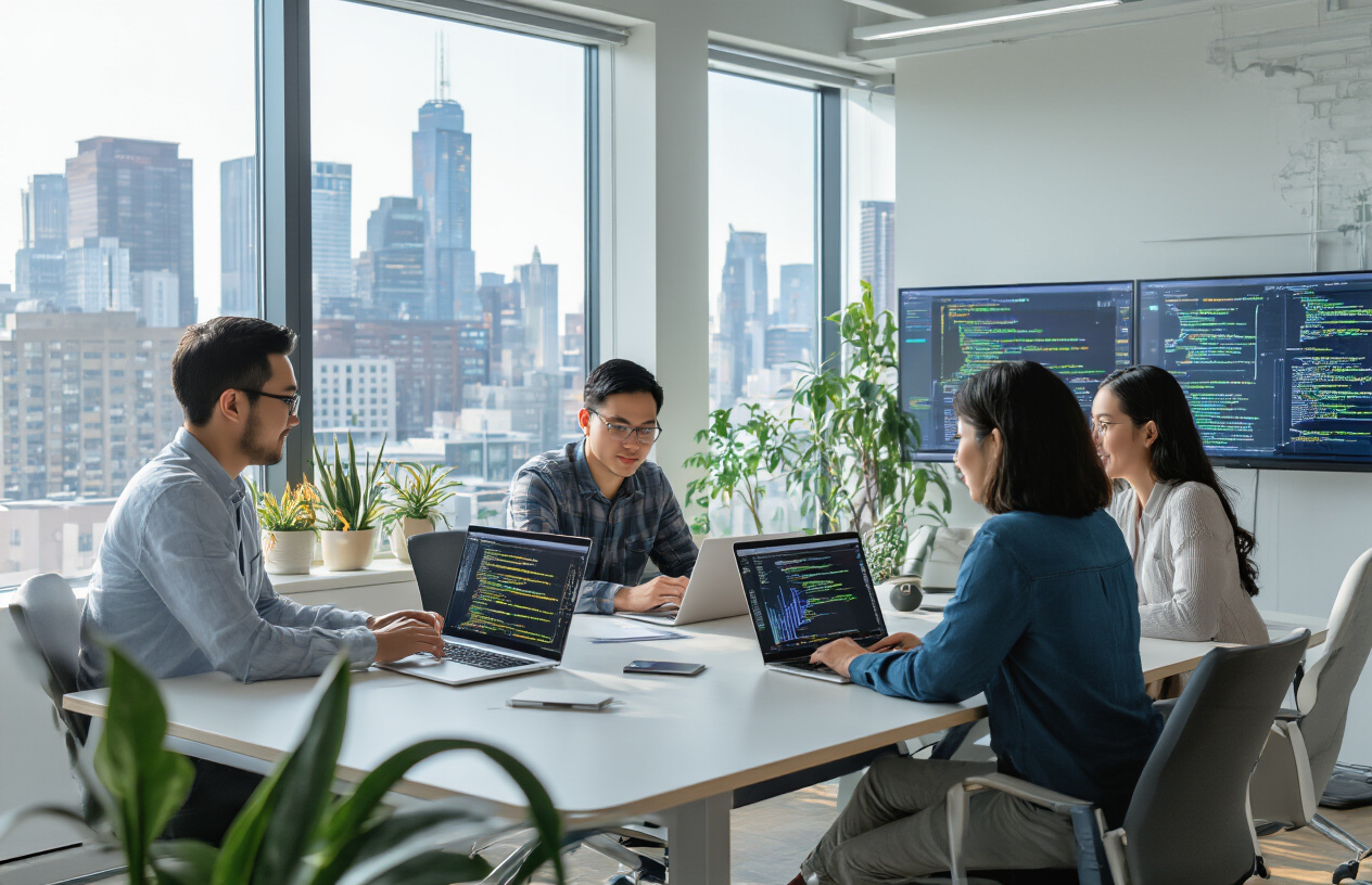 Create a realistic image of a diverse group of young professionals sitting around a modern conference table in a bright, contemporary office space, with a white male and black female in the foreground looking at laptops displaying code and blockchain network diagrams, while Asian male and Hispanic female colleagues collaborate in the background, with large windows showing a city skyline, warm natural lighting creating an inspiring atmosphere of learning and collaboration, digital screens on the walls showing cryptocurrency symbols and network nodes, modern tech office furniture and plants adding to the professional development environment, absolutely NO text should be in the scene.