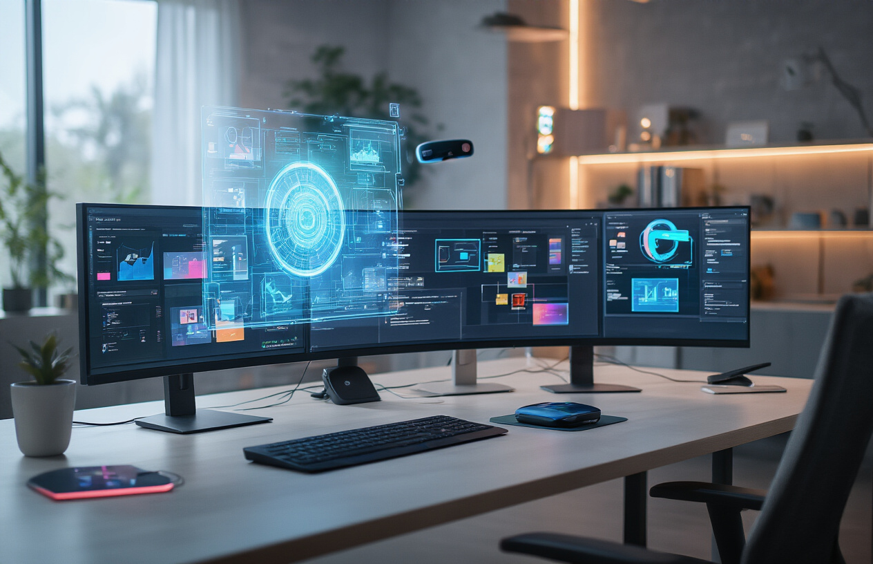 Create a realistic image of a modern digital workspace showcasing emerging technologies for user experience design, featuring holographic interface projections floating above a sleek desk, augmented reality glasses displaying 3D wireframes, a VR headset connected to wirelessly charging devices, AI-powered design tools on multiple curved monitors showing colorful user interface prototypes, voice-activated smart assistants glowing softly, gesture control sensors, and futuristic input devices scattered around, set in a contemporary office environment with soft ambient lighting and a clean minimalist aesthetic, absolutely NO text should be in the scene.