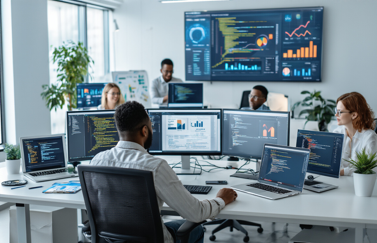 Create a realistic image of a modern office setting with a diverse group of professionals including a white female and black male front-end developer working at sleek workstations with multiple monitors displaying code and web interfaces, surrounded by upward trending charts and graphs on wall-mounted screens, laptops with portfolio websites open, certification badges and awards displayed on desks, a mentorship meeting happening in a glass conference room in the background, modern tech company atmosphere with clean lighting and contemporary furniture, conveying growth and professional development in the tech industry, absolutely NO text should be in the scene.