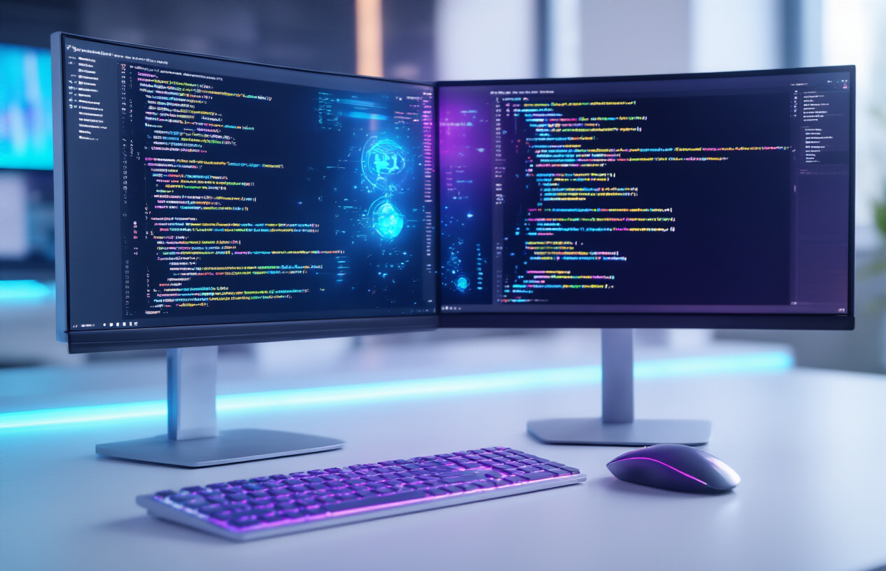 Create a realistic image of a modern workspace setup featuring a sleek computer monitor displaying colorful code on the screen, a wireless keyboard and mouse on a clean desk, with futuristic holographic interface elements floating subtly in the air around the setup, soft blue and purple ambient lighting creating a tech-forward atmosphere, minimalist office environment with blurred background showing other workstations, professional and innovative mood suggesting the evolution of frontend development, absolutely NO text should be in the scene.