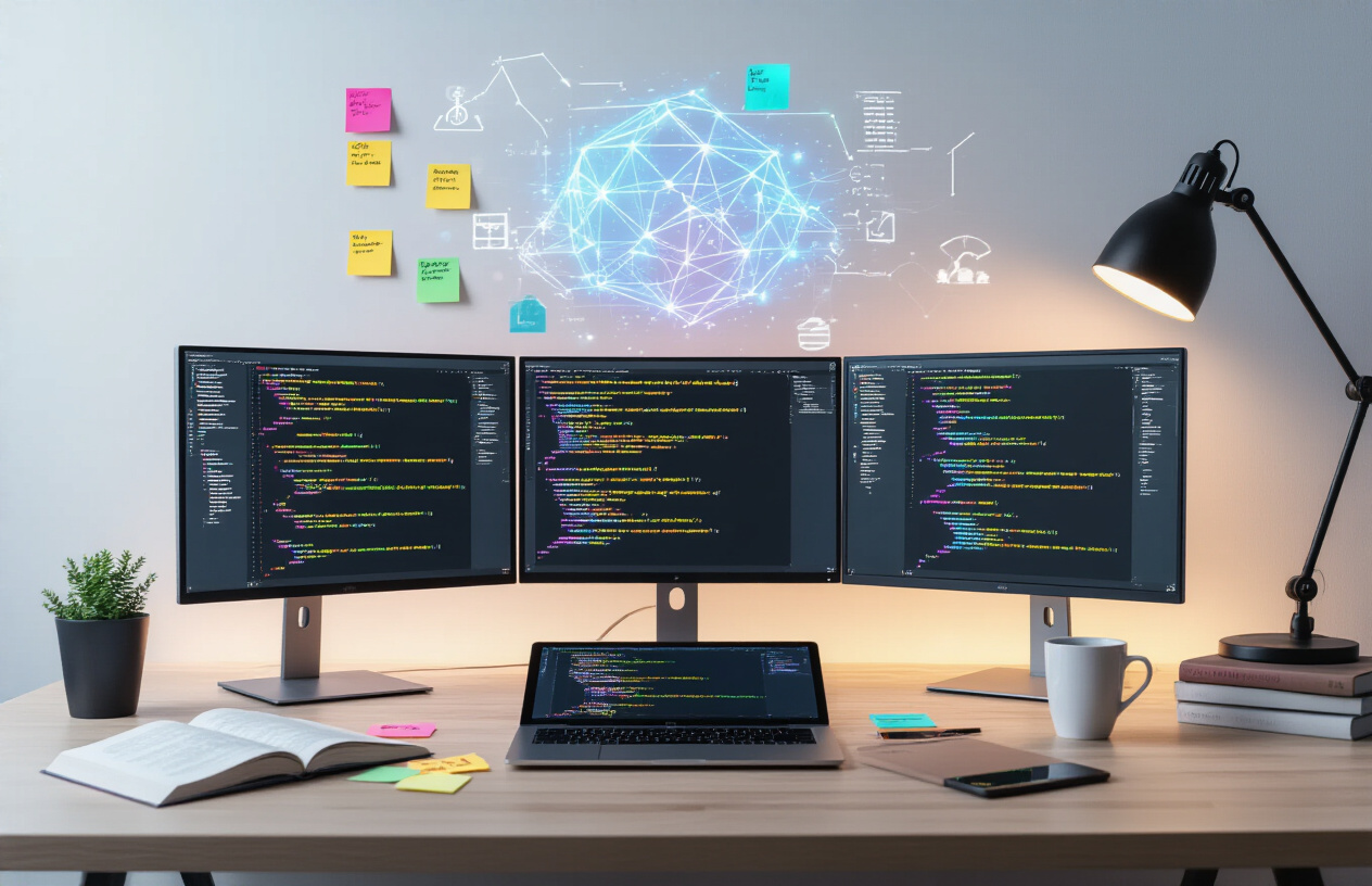 Create a realistic image of a modern workspace setup with multiple computer monitors displaying colorful programming code syntax, fundamental coding concepts like HTML/CSS structures, JavaScript functions, and database schemas floating as holographic elements in the air above an open laptop, surrounded by programming books, sticky notes with coding snippets, a coffee cup, and a sleek desk lamp providing warm lighting, with a clean minimalist background featuring subtle tech-inspired geometric patterns, creating an inspiring and focused learning atmosphere for programming foundations, absolutely NO text should be in the scene.