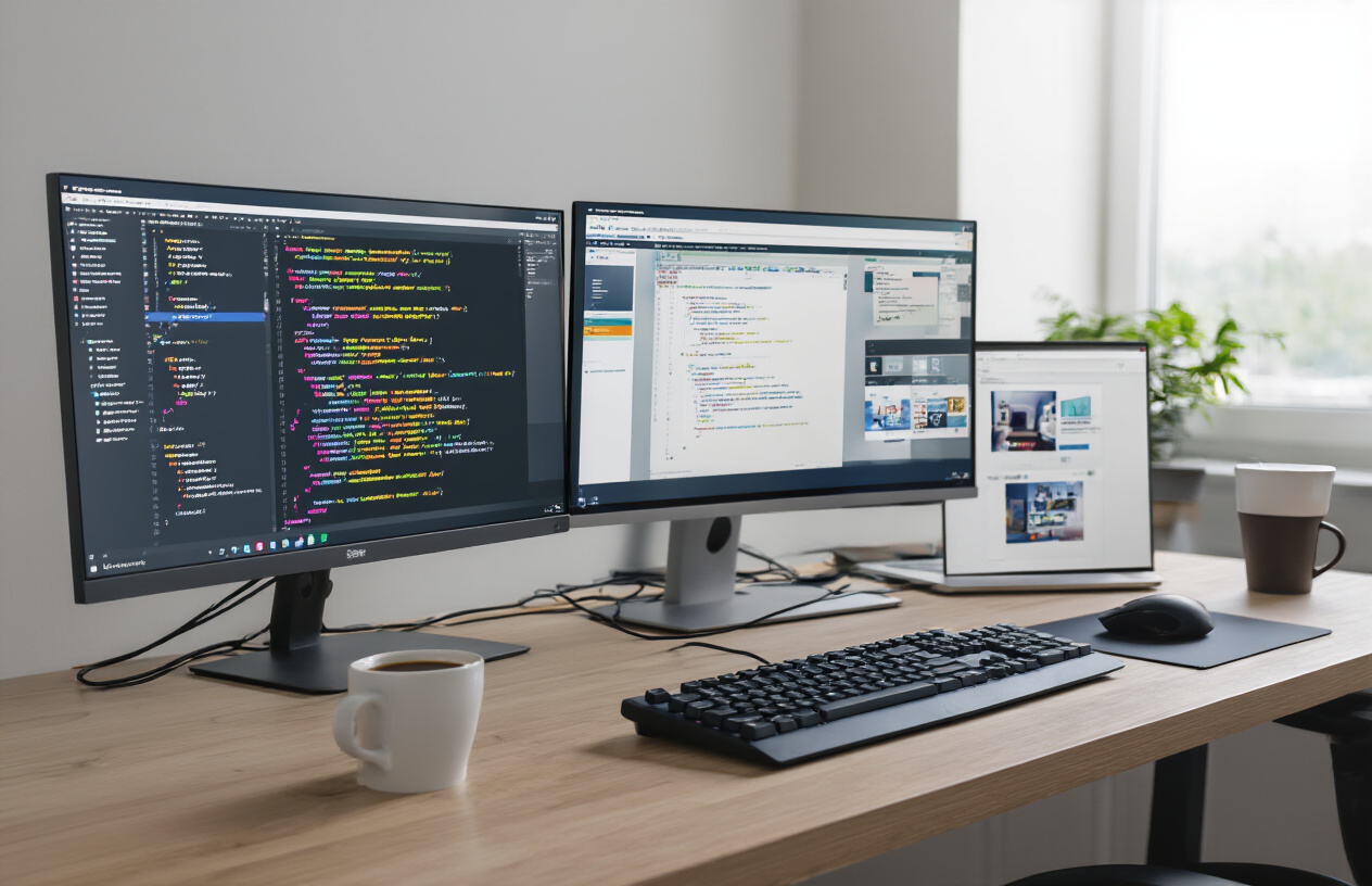 Create a realistic image of a modern workspace featuring multiple computer monitors displaying various frontend development interfaces including colorful code editors with HTML/CSS/JavaScript syntax, responsive web design layouts, and user interface mockups, with a clean desk setup containing a mechanical keyboard, wireless mouse, and coffee cup, set against a minimalist office background with soft natural lighting from a window, creating a professional and inspiring atmosphere for web development work, absolutely NO text should be in the scene.