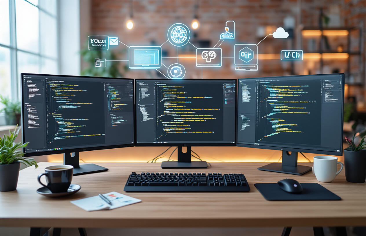 Create a realistic image of a modern developer workspace featuring multiple computer monitors displaying code editors, terminal windows, and development frameworks, with essential development tools like Git branches visualization, Docker containers, testing frameworks, and CI/CD pipeline diagrams visible on screens, a clean desk setup with mechanical keyboard, coffee cup, notepad with sketched wireframes, surrounded by floating holographic icons representing popular development tools like VS Code, GitHub, npm, webpack, and cloud platforms, in a well-lit contemporary office environment with warm ambient lighting, absolutely NO text should be in the scene.