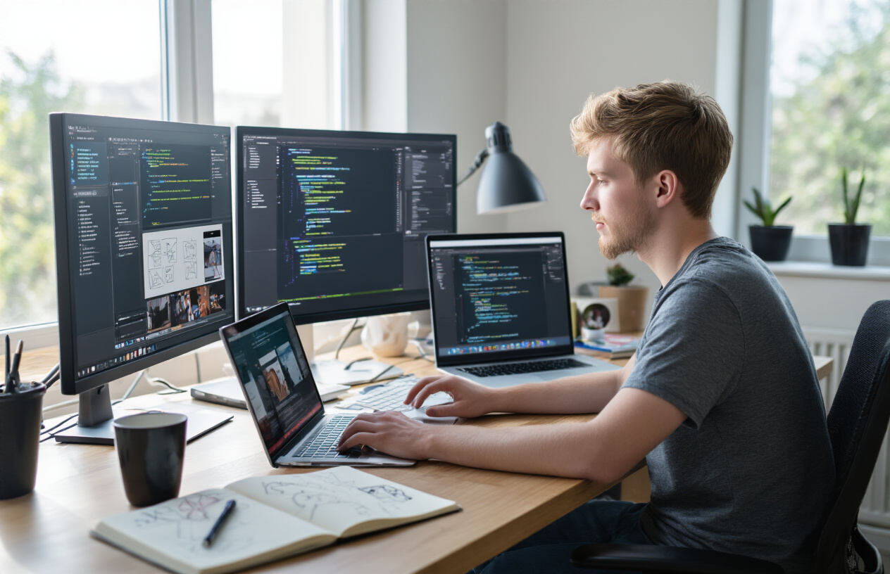 Create a realistic image of a young white male developer sitting at a modern desk with multiple monitors displaying various project interfaces including a web application, mobile app mockup, and code editor, surrounded by notebooks with sketches, a coffee cup, and a tablet showing a portfolio website, in a well-lit home office with natural lighting from a window, conveying focus and productivity as he works on showcasing his development projects, absolutely NO text should be in the scene.