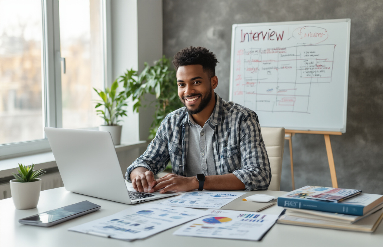 Create a realistic image of a young diverse professional sitting at a modern desk with a laptop, resume papers, and portfolio materials spread out, surrounded by career preparation elements like interview notes, coding books, and a whiteboard with job application timeline, in a bright modern office or home study space with natural lighting from a window, conveying focus and determination for job searching preparation, absolutely NO text should be in the scene.