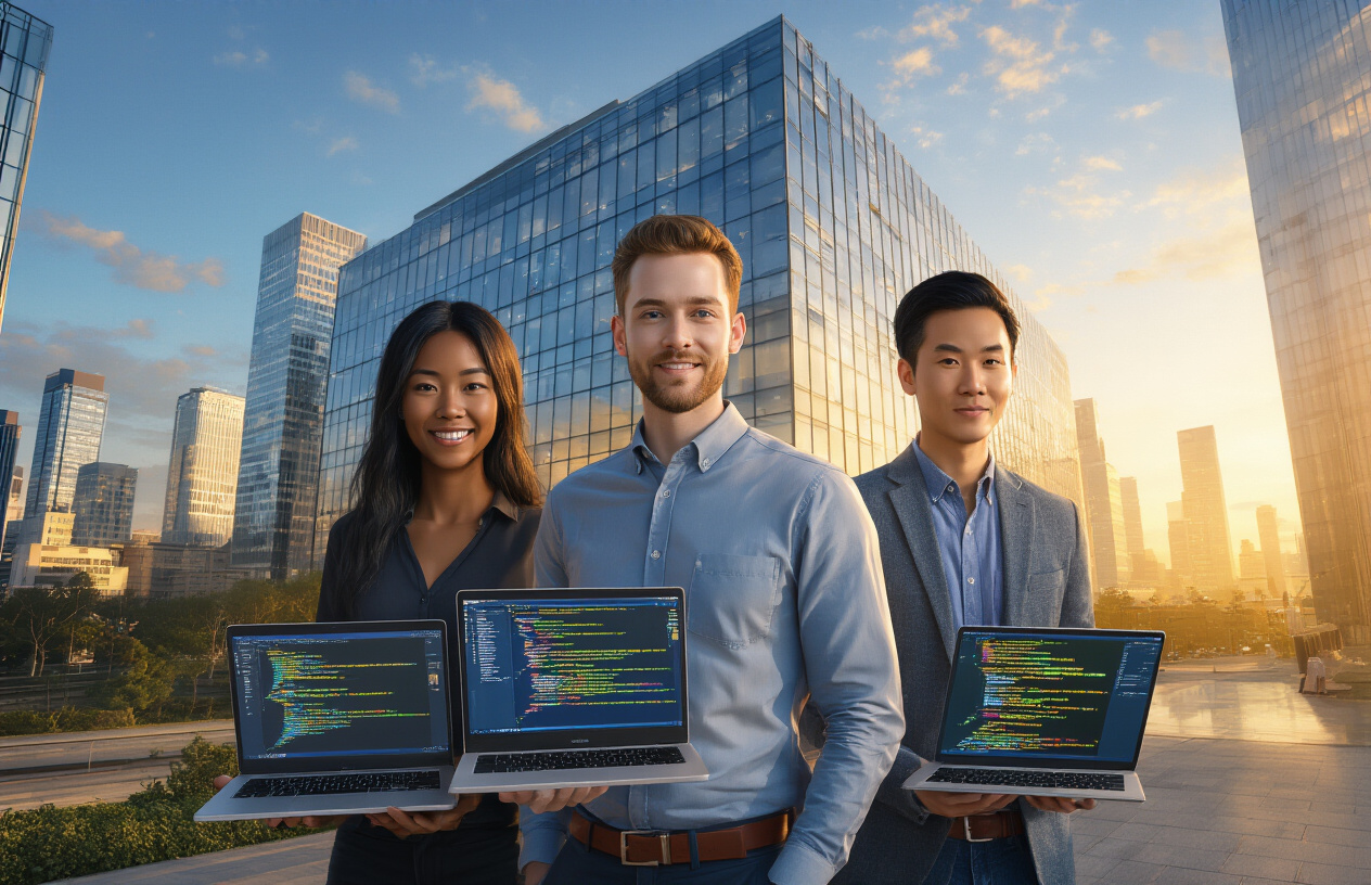 Create a realistic image of a diverse group of three people - one white male, one black female, and one Asian male - standing confidently in front of a modern glass office building, each holding laptops and wearing casual professional attire, with a bright cityscape in the background featuring tech company buildings, warm golden hour lighting casting long shadows, conveying achievement and readiness to enter the tech industry, with laptops displaying colorful code interfaces, and a clear blue sky with few clouds suggesting optimism and new opportunities ahead, absolutely NO text should be in the scene.