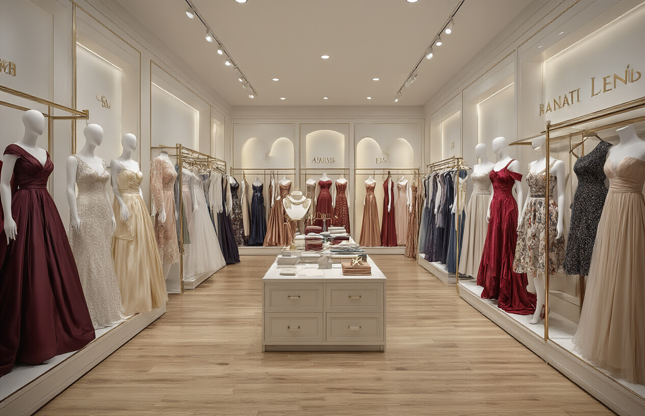 Create a realistic image of an upscale boutique dress store interior showcasing an extensive collection of high-quality dresses displayed on elegant mannequins and hanging racks, featuring various styles including evening gowns, cocktail dresses, and casual wear in rich fabrics like silk and satin, with premium lighting highlighting the luxurious textures and vibrant colors, polished wooden floors, sophisticated display fixtures, and a clean modern retail environment that conveys exclusivity and quality craftsmanship, absolutely NO text should be in the scene.