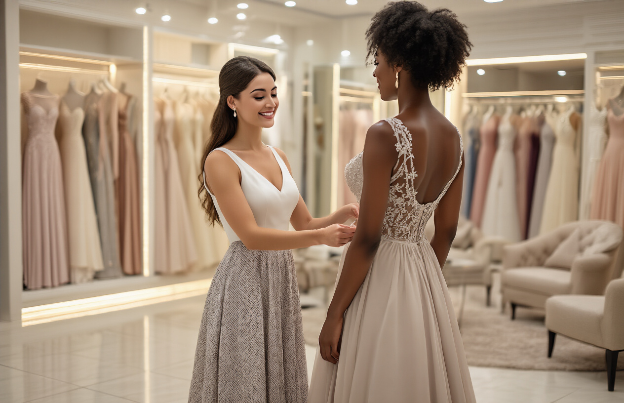Create a realistic image of a welcoming dress store interior with a friendly white female sales associate helping a black female customer try on an elegant dress, the sales associate is smiling warmly while adjusting the dress fit, the customer is standing in front of a full-length mirror looking pleased, the background shows organized dress displays with beautiful gowns in various colors, warm ambient lighting creates a luxurious shopping atmosphere, plush seating area visible nearby with comfortable chairs, the scene conveys personalized attention and premium service, absolutely NO text should be in the scene.