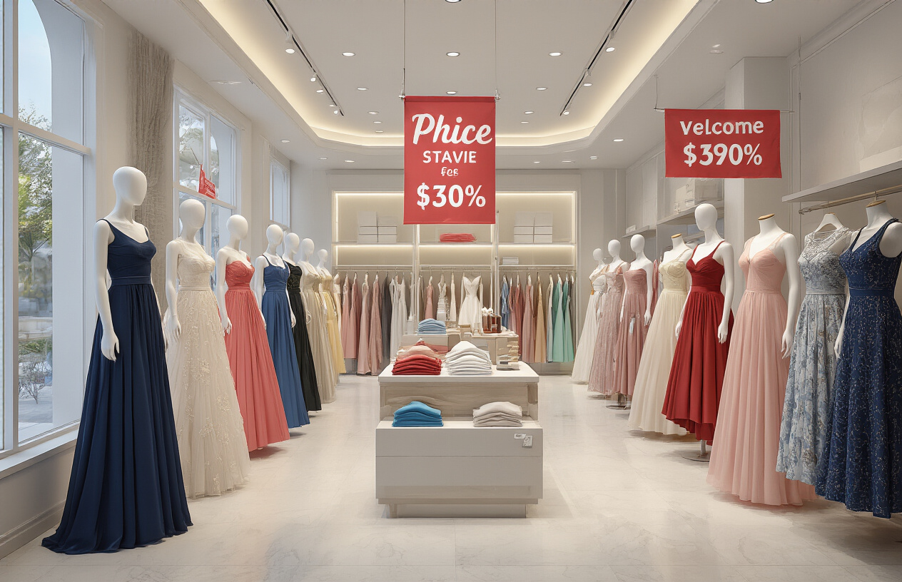Create a realistic image of an elegant dress store interior showcasing competitive pricing with multiple beautiful dresses on mannequins and clothing racks, price tags clearly visible showing affordable prices, a diverse selection of formal and casual dresses in various colors, modern retail lighting creating a welcoming atmosphere, polished floors and contemporary store fixtures, with promotional sale banners hanging from the ceiling, creating a shopping environment that emphasizes value and affordability, absolutely NO text should be in the scene.