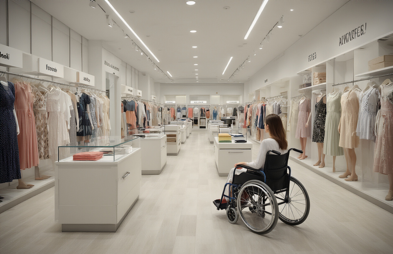 Create a realistic image of a modern dress store interior showcasing convenience features including wide aisles with a white female customer in a wheelchair browsing dresses, accessible fitting rooms with grab bars, clear signage, well-lit organized dress displays at various heights, a customer service counter at wheelchair-accessible height, and bright natural lighting throughout the space creating a welcoming atmosphere, Absolutely NO text should be in the scene.