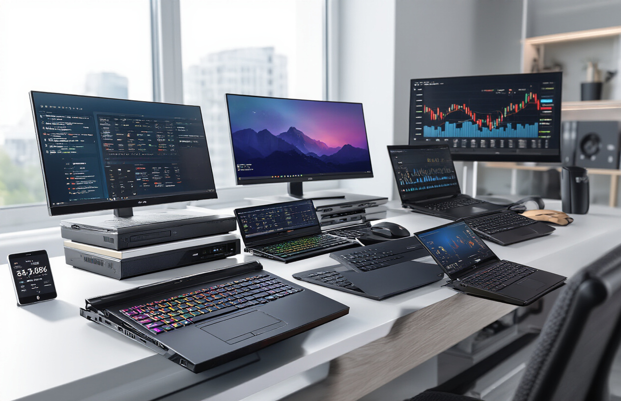 Create a realistic image of multiple high-end laptops arranged on a sleek modern desk, featuring premium gaming and business laptop models with different screen sizes and designs, some with RGB keyboard backlighting, positioned at various angles to showcase their profiles, accompanied by trading accessories like external monitors, wireless mouse, and smartphone displaying financial charts, set against a clean contemporary office background with soft natural lighting from a window, professional atmosphere suitable for financial trading work, absolutely NO text should be in the scene.