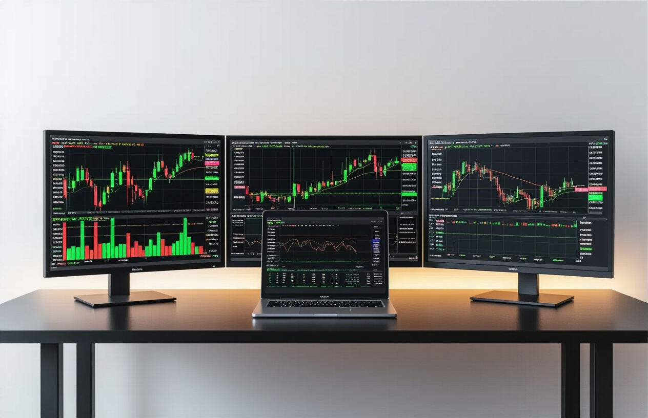Create a realistic image of a modern trading setup featuring multiple high-resolution monitors displaying colorful financial charts, candlestick graphs, and market data with vibrant green and red indicators, positioned on a sleek black desk with a premium laptop computer showing trading software, soft ambient lighting illuminating the screens in a professional home office environment with a clean minimalist background, emphasizing the clarity and sharpness of the display technology. Absolutely NO text should be in the scene.