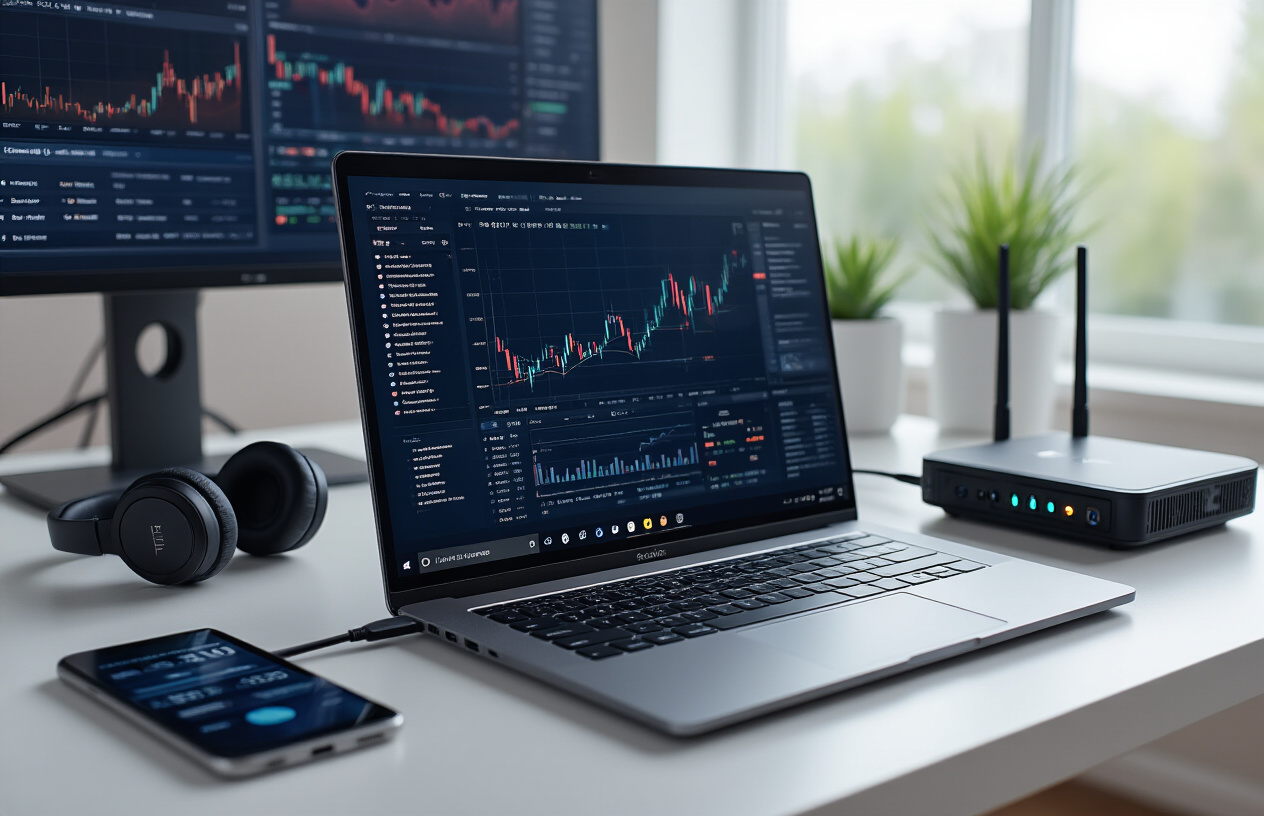 Create a realistic image of a modern high-performance laptop on a sleek desk with multiple connectivity ports visible including USB-C, HDMI, and Ethernet ports, surrounded by connected devices like a smartphone, external monitor displaying financial charts, wireless headphones, and a router with glowing LED indicators, all set in a contemporary home office environment with soft natural lighting from a window, emphasizing the seamless connectivity between devices for trading activities, absolutely NO text should be in the scene.