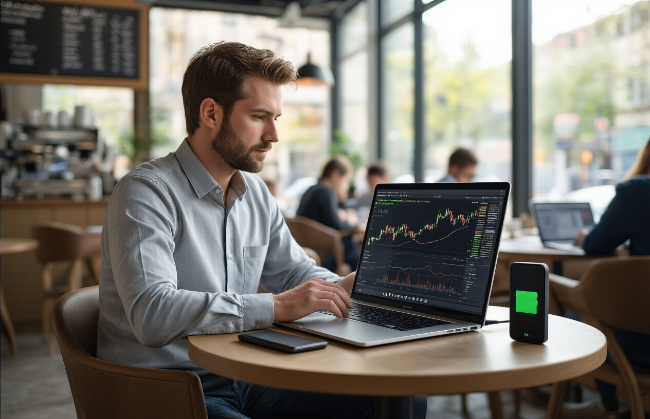 Create a realistic image of a professional white male trader sitting at a modern coffee shop table with a sleek laptop open displaying trading charts, a portable power bank connected to the laptop, and a smartphone showing battery percentage on the screen, with the laptop's battery indicator visible, surrounded by a busy café environment with other people working on laptops in the background, natural daylight streaming through large windows creating a productive mobile workspace atmosphere, absolutely NO text should be in the scene.