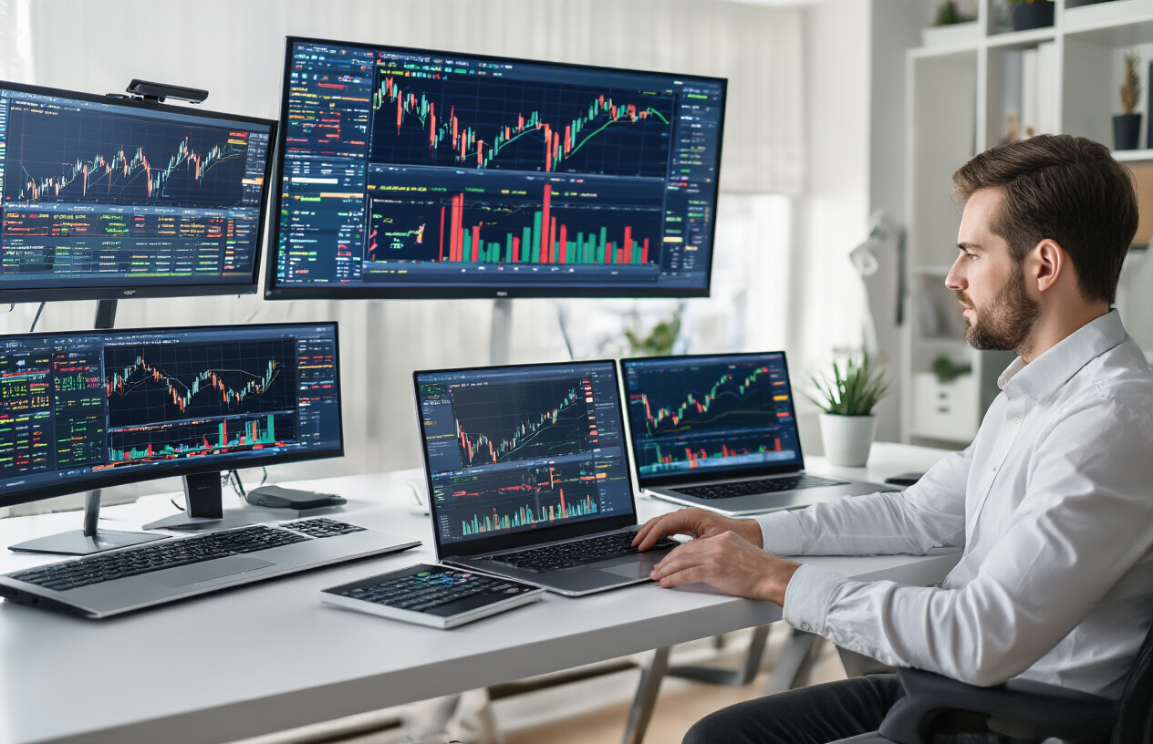 Create a realistic image of a modern white male professional trader sitting at a sleek desk with multiple high-end laptops displaying colorful trading charts and market data, surrounded by additional trading monitors in a contemporary home office setting with clean lighting, emphasizing productivity and professional trading setup, with laptops positioned prominently in the foreground showcasing their screens and keyboards, absolutely NO text should be in the scene.