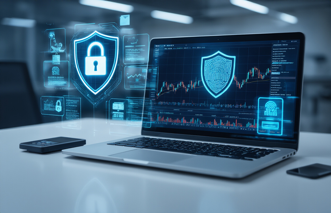 Create a realistic image of a modern laptop displaying financial trading charts and security dashboard with shield icons and encryption symbols on screen, positioned on a sleek desk with a digital fingerprint scanner beside it, multiple security layers visualized through translucent overlay effects showing locks and protective barriers around the laptop, professional office environment with soft blue lighting suggesting cybersecurity protection, absolutely NO text should be in the scene.