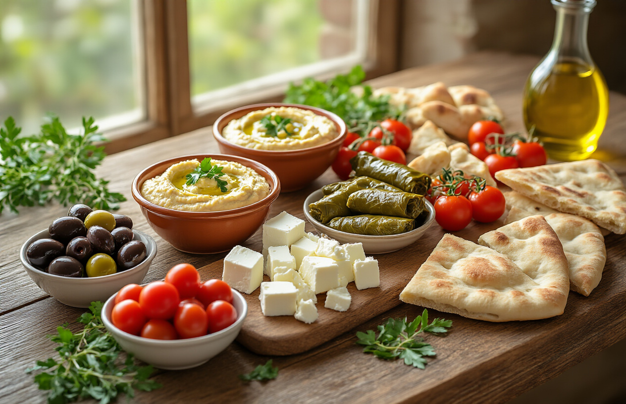Tasteful Mediterranean spread with colorful plates
