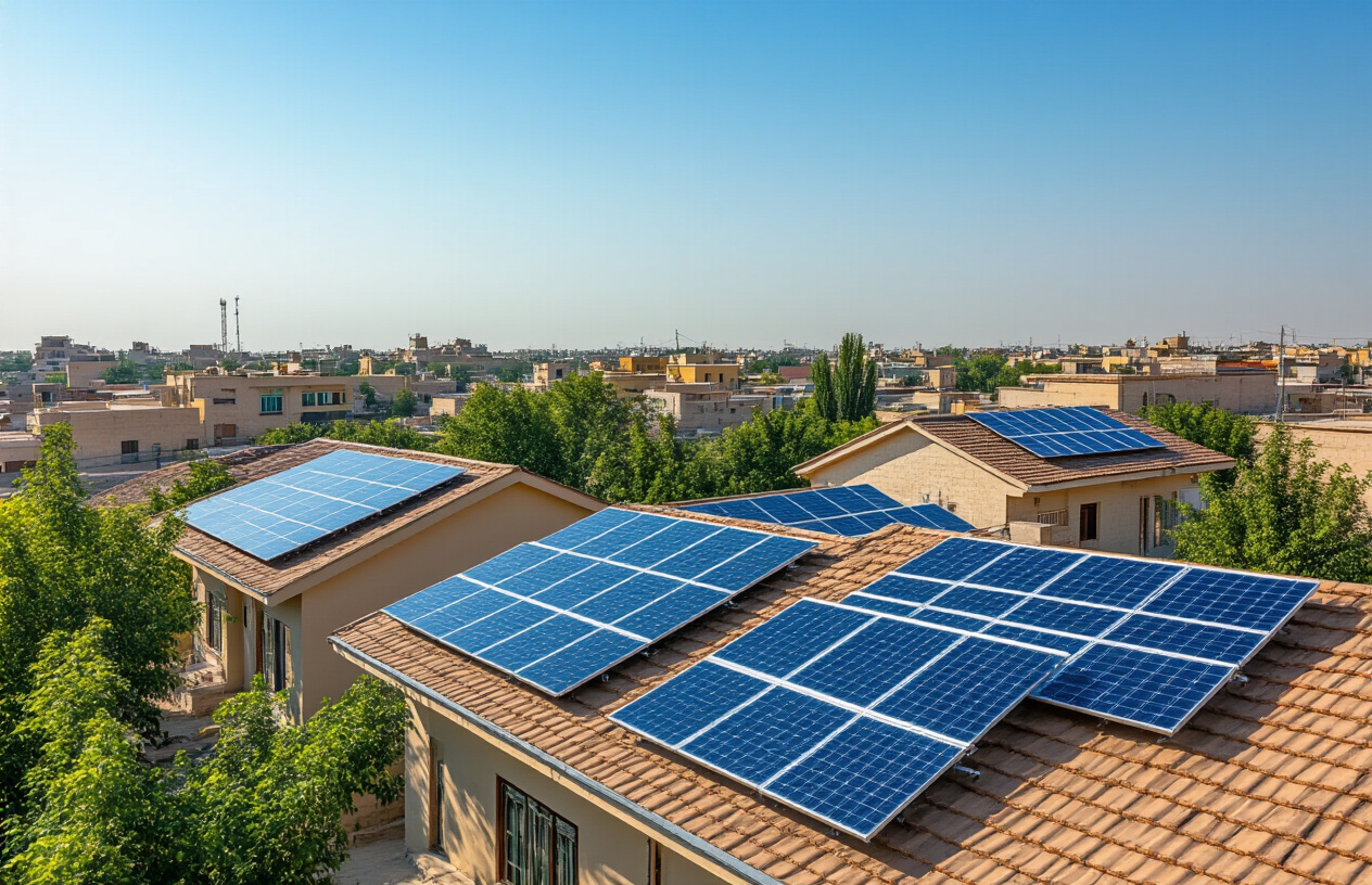 Create a realistic image of solar panels installed on rooftops of residential houses in Punjab, Pakistan, with a clear blue sky and bright sunlight illuminating the photovoltaic panels, showing multiple houses with different solar panel configurations, green trees and traditional Pakistani architecture visible in the background, conveying a sense of sustainable energy development and modern infrastructure in a South Asian urban setting, with warm natural lighting that highlights the reflective surfaces of the solar panels, absolutely NO text should be in the scene.