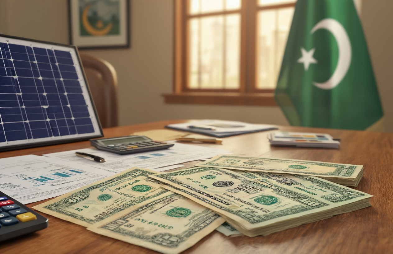 Create a realistic image of Pakistani rupee banknotes spread on a wooden desk alongside financial documents, calculator, and solar panel brochures, with a government office setting in the background featuring the Pakistani flag, warm natural lighting from a window, and a South Asian male government official in formal attire reviewing subsidy paperwork, absolutely NO text should be in the scene.