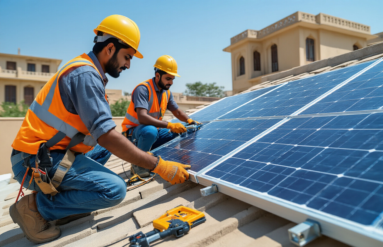 Create a realistic image of Pakistani male technicians installing solar panels on a residential rooftop in Punjab, with one South Asian man in safety gear adjusting solar panel positioning while another holds technical equipment, modern solar installation tools and mounting hardware scattered nearby, clear blue sky background with traditional Pakistani architecture visible, bright daylight creating sharp shadows, professional installation scene showing technical expertise and support services, Absolutely NO text should be in the scene.