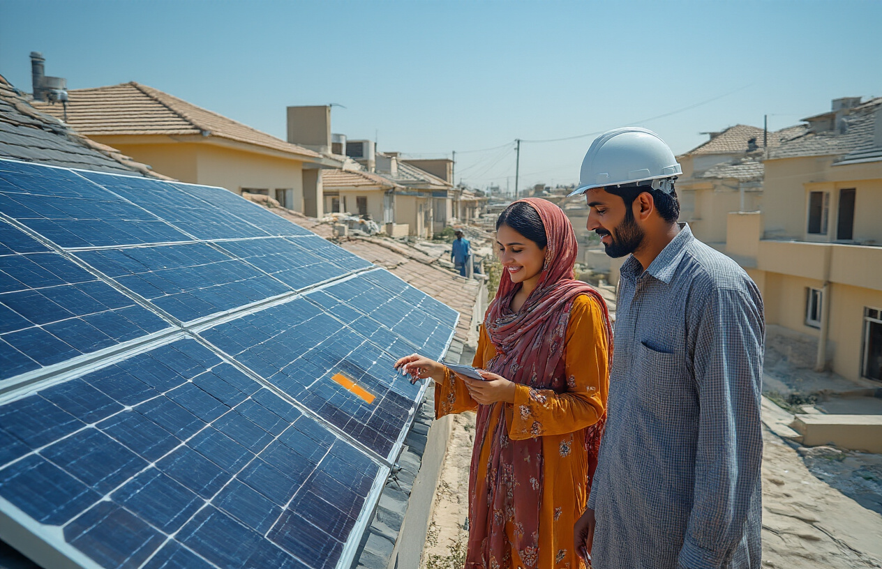 Create a realistic image of solar panels installed on rooftops of Pakistani homes with visible progress indicators showing the advancement of renewable energy adoption, featuring South Asian male and female residents examining their reduced electricity bills with satisfied expressions, set against a bright sunny day with clear blue skies in a typical Pakistani residential neighborhood, with modern solar equipment and inverters visible, conveying a sense of economic benefit and technological progress, absolutely NO text should be in the scene.