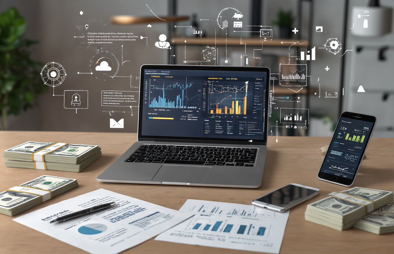 Create a realistic image of a modern workspace showing multiple high-paying AI service opportunities, featuring a sleek desk with a laptop displaying AI analytics dashboards, a smartphone showing mobile AI apps, professional documents and contracts scattered around, stacks of money or payment symbols, AI-related icons floating subtly in the background like neural networks and data visualization elements, warm professional lighting creating an entrepreneurial atmosphere, clean modern office environment with tech-forward aesthetic, absolutely NO text should be in the scene.