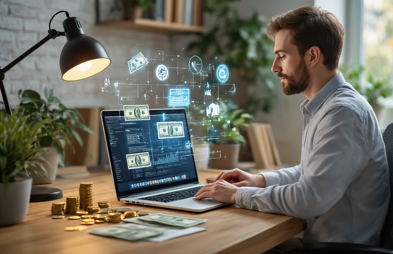 Create a realistic image of a modern home office workspace with a laptop computer displaying freelancing platform interfaces, dollar bills and coins scattered on a wooden desk, AI-related icons floating holographically above the screen, a white male professional in business casual attire working at the computer, warm ambient lighting from a desk lamp, plants and books in the background creating a productive atmosphere, professional and success-oriented mood. Absolutely NO text should be in the scene.