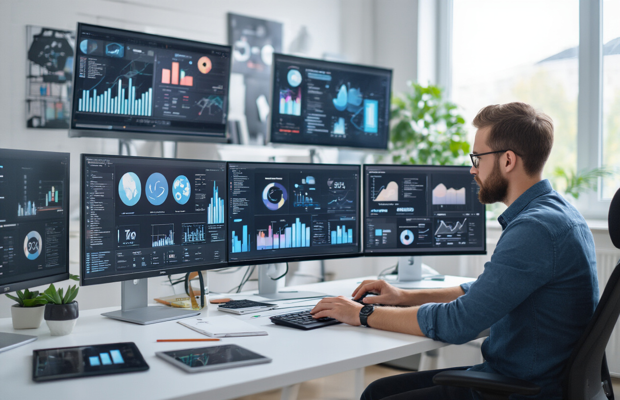 Create a realistic image of a modern workspace showing a white male entrepreneur at a sleek desk with multiple computer monitors displaying various AI-generated digital products including artwork, logos, and design templates, with digital sales graphics and revenue charts visible on screens, surrounded by creative materials like a graphics tablet and stylus, in a well-lit contemporary office environment with natural lighting from large windows, conveying productivity and success in the digital marketplace. Absolutely NO text should be in the scene.