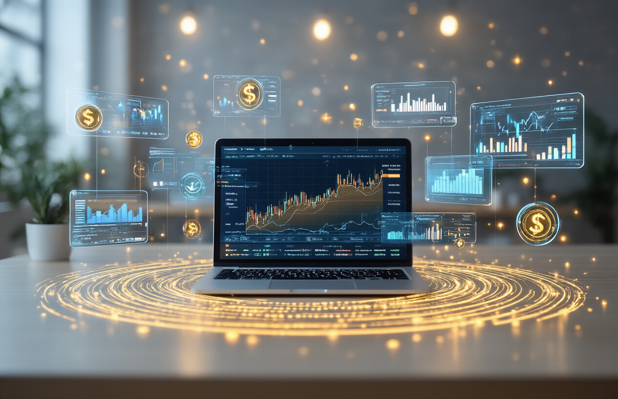 Create a realistic image of a modern workspace showing multiple income streams represented by floating holographic displays of AI-powered applications including automated trading charts, content creation tools, and digital marketing dashboards, with a sleek laptop computer at the center connected to flowing streams of golden digital currency symbols and data visualizations, set against a minimalist office background with soft ambient lighting creating a professional and prosperous atmosphere, absolutely NO text should be in the scene.