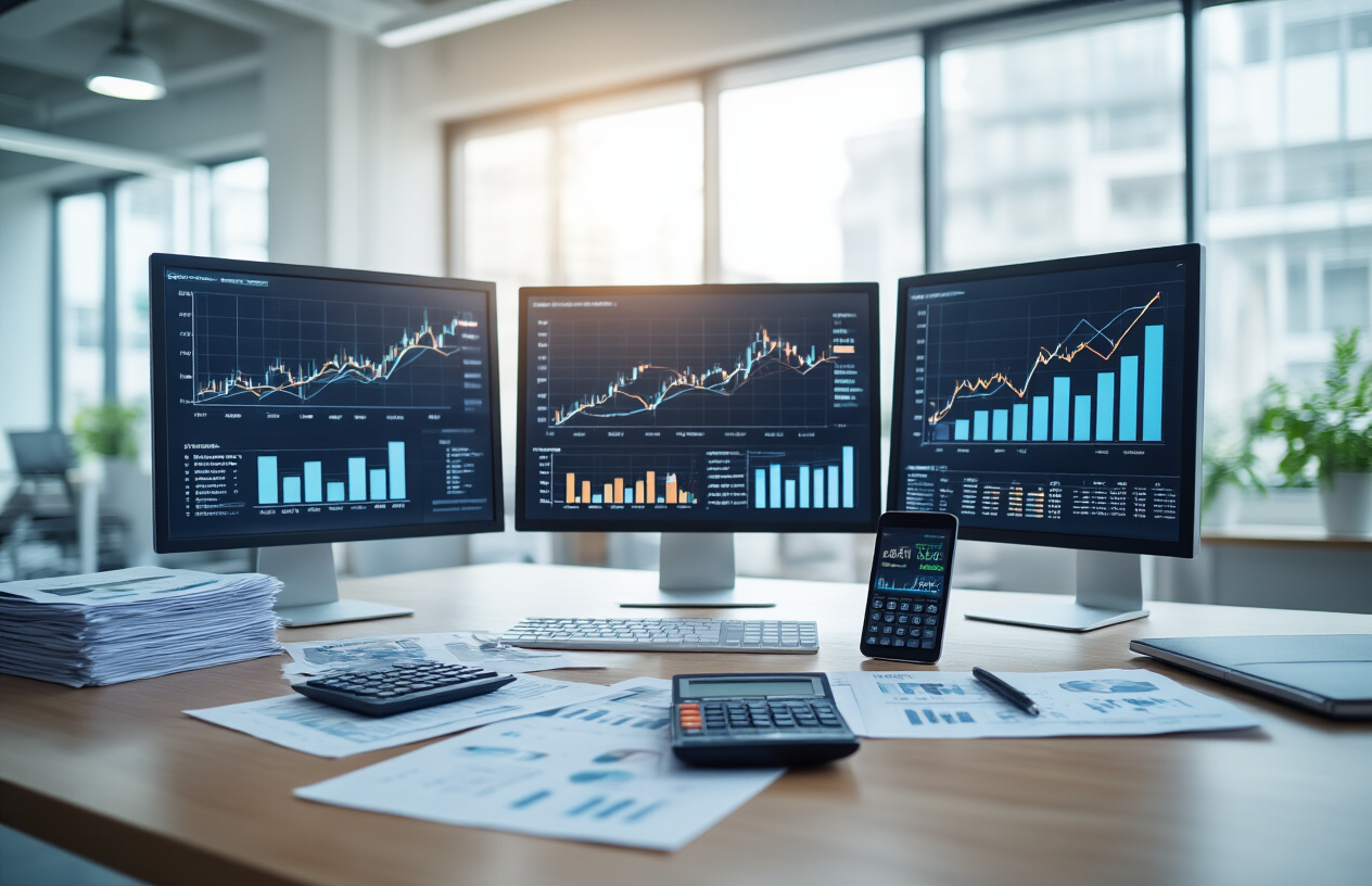 Create a realistic image of a professional workspace showing business growth and scaling, featuring upward trending graphs and charts on multiple computer monitors, stacks of financial documents and reports on a modern desk, a smartphone displaying profit analytics, calculator and notebooks scattered around, sleek office environment with glass surfaces and modern furniture, bright natural lighting from large windows, clean and organized atmosphere conveying success and systematic business expansion, absolutely NO text should be in the scene.